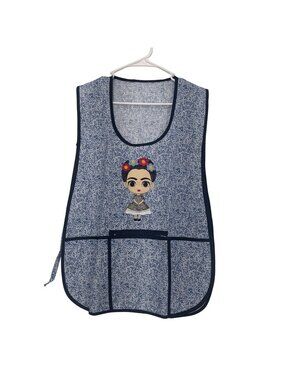 Apron Women One Size Blue Floral Frida-Inspired Embroidered Pockets Tie Closure